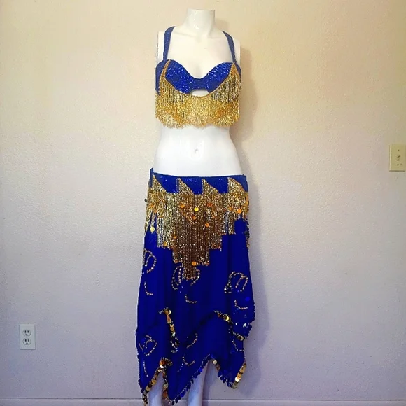 Belly Dancer Ornate Beaded Blue Gold Two Piece Bra Sheer Layered Tiered Skirt - Picture 2 of 13